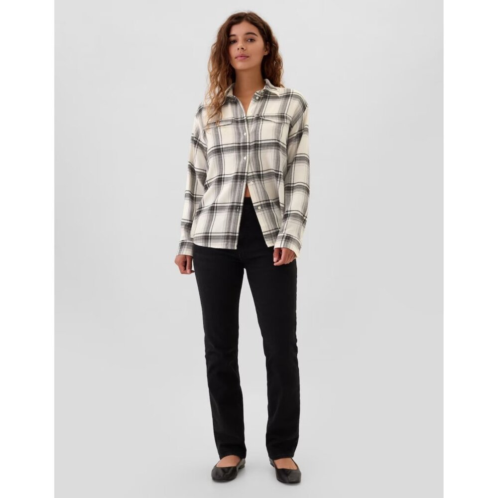 NWT GAP Black & White Plaid Button Front Patch Pockets Relaxed Flannel Shirt - Picture 3 of 8
